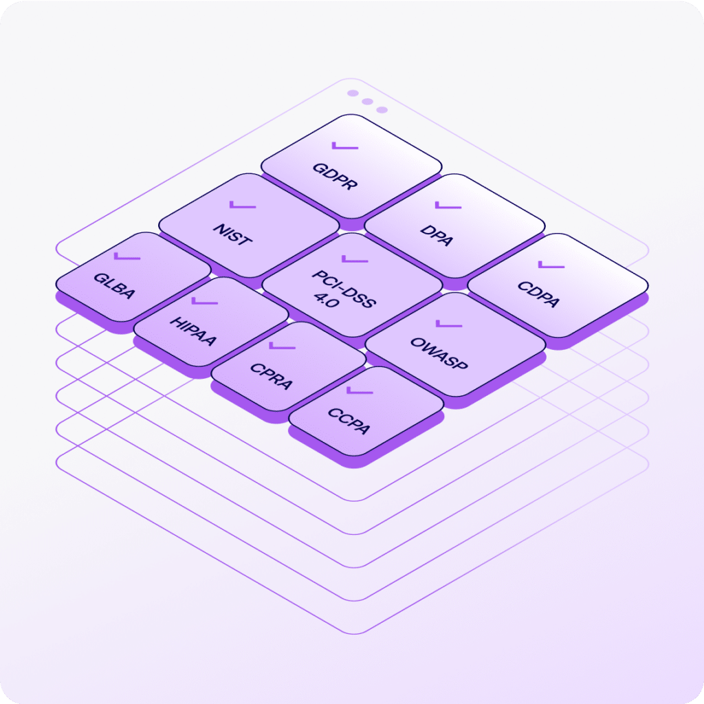 Isometric representation of key compliance frameworks including HIPAA, GDPR, CCPA