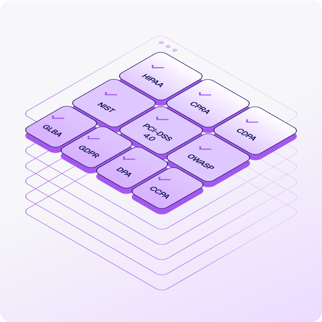 Isometric representation of key compliance frameworks including HIPAA, GDPR, CCPA