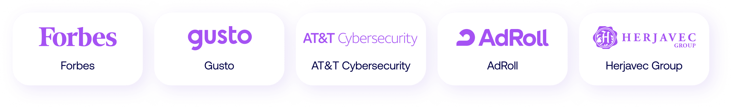 Forbes, Gusto, AT&T Cybersecurity, AdRoll, Herjavec Group, on a light purple background