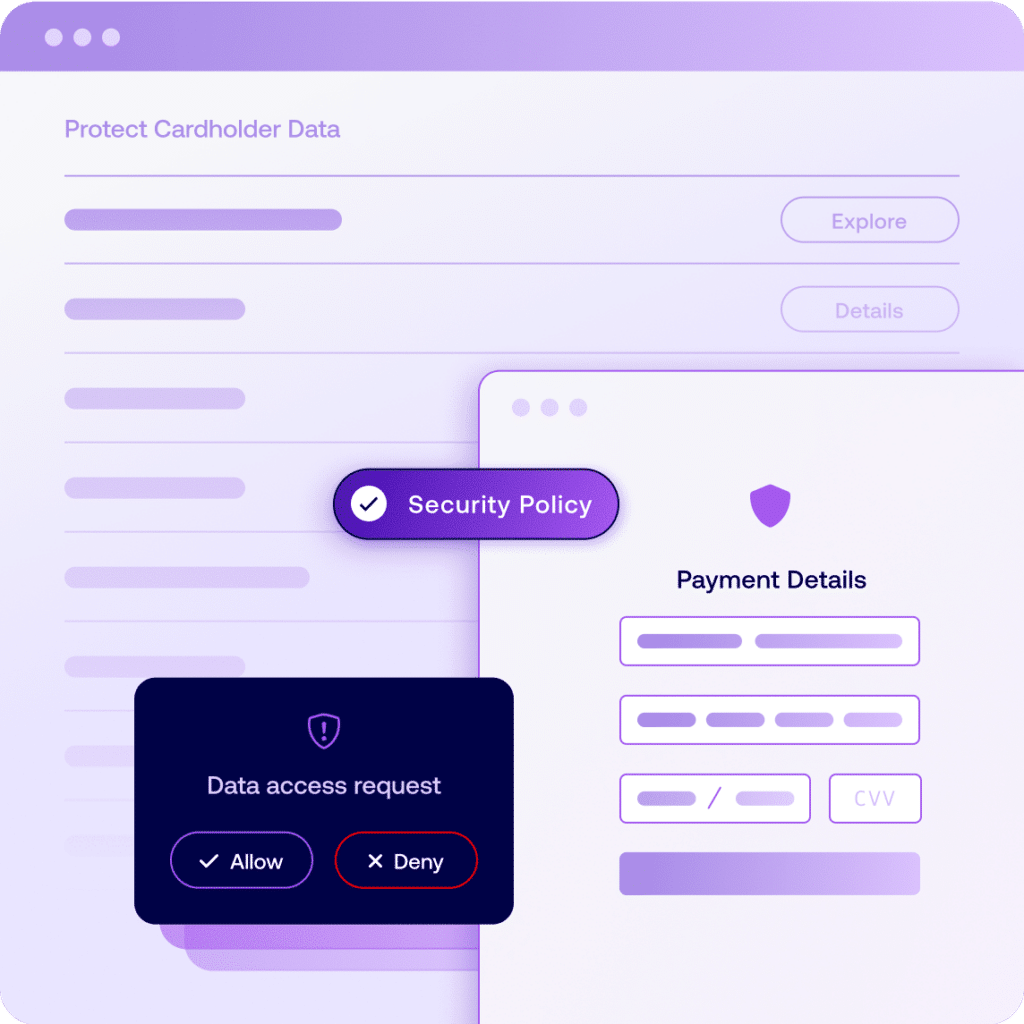 A security dashboard displaying real-time runtime protection, monitoring third-party data transfers and access requests to safeguard website functionality and compliance.